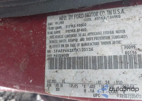 2000 Ford Contour Se Fleet из США, поврежденный, VIN 1FAFP663XYK123126